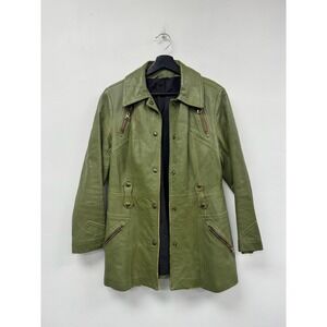 Vintage Green Leather Coat Womens Medium Zip Snap Pockets Jacket 60s 70s